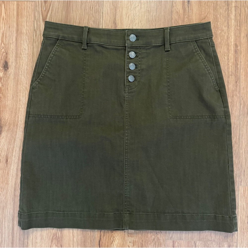 Talbots Olive Green Denim Button Front Mini Skirt Size 10 VN5214